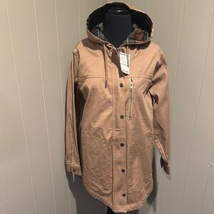 44• North Driftless dark khaki denim plaid lined hoodie long utility jacket. NWT